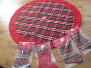 Christmas Tree Skirt Plaid Red Black Check w 4 Matching Stockings SET New