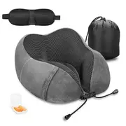 Travel Memory Foam Neck Pillow with Eye Massage and Earplugs - Grey
