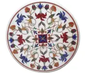 Natural Gemstone Inlay Work Coffee Table Top Round White Marble Entryway Table