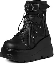 [Tscoyuki] Platform Ankle Boots for Women Chunky High Heel Booties Goth Round Toe Combat Boots Women Lace Up Motorcycle Wedges