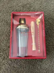 Rae Dunn Cocktail Shaker Glass Set Happy Holidays Christmas Muddler Spoon
