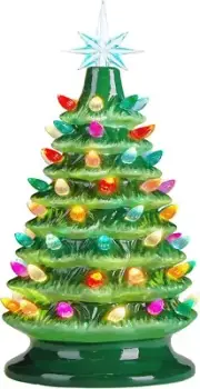 Pre-Lit 15" Ceramic Christmas Tree with Star Topper & 64 Multicolored Lights