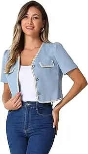 [Allegra K] Contrast Trim Jacket for Women's V Neck Short Sleeve Single Breasted Blazer