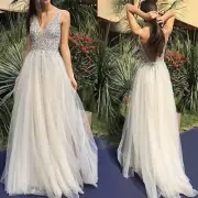 New V-Neck Sequin Embellished Sparkly Low Back A-Line Beach Wedding Dress Small