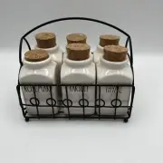 Rae Dunn White Ceramic Spice Herb Jars Set Of 6 Metal Rack Farmhouse (2)