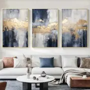 Blue Abstract Wall Art Canvas Blue and Grey Painting 16L" x 24W" Blue,Grey,Gold