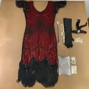 Women's Medium Red Black Sequin Fringe Flapper Dress & Accessory Set 9 Pieces
