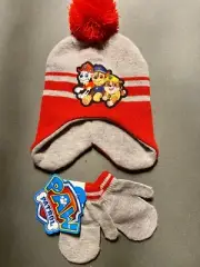 Nickelodeon Paw Patrol winter hat and a pair of mittens, gray and red