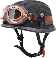 Vintage Motorcycle Half Helmet Motorcycle Open Face Helmet with Goggles and Removable Washable Liner Unisex Skull Cap for Moped Cruiser Chopper DOT/ECE Approved