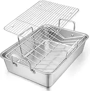 E-far Roasting Pan, 16 x 11.5 Inch Stainless Steel Turkey Roaster with V-shaped & Flat Rack, Non-toxic & Heavy Duty Deep Broiling Pan, Dishwasher Safe - Large