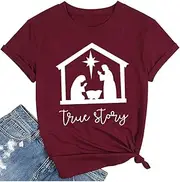 [QIANRUO] True Story Christmas Tshirt Women Christmas Nativity Shirt Jesus Xmas Tee Tops Casual Short Sleeve Holiday Shirt