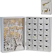 MorTime White Advent Calendar Book with 24 Drawers, Lighted Wooden Countdown to Christmas Book Decorated with LED Lights and Christmas Tree Reindeer Snowflake