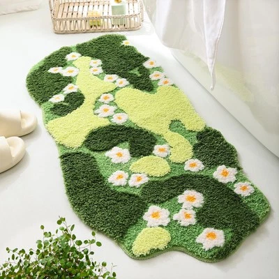 Bathroom Rugs Green Bath Mat Cute Moss Rug with Small White Flowers Non Slip