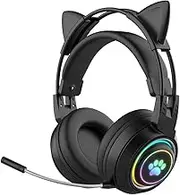 JINSERTA Children's Bluetooth Headphones, Cat Ear Bluetooth Headphones with RGB Light, Bluetooth 5.3 Stereo Gaming Headset, Over-Ear Headphones with 50 mm Driver for Children and Adults