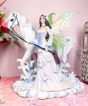 Aurora Borealis Winter Fairy With Sacred White Horse Statue 10"Long Nene Thomas