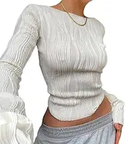[KMBANGI] Women Sexy Slim Crop Shirt Long Sleeve Crewneck Fitted Tshirts Top Knit Cropped Tee Blouse Retro Streetwear