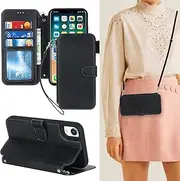Cavor for iPhone XR Case Crossbody Wallet Flip Folio Magnetic Kickstand Cover Cowhide Pattern PU Leather Purse Card Slots Holder with Detachable Shoulder Necklace Strap-Long Lanyard Black