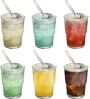 AYYDS 400 ml Ribbed Glasses, Set of 6 Long Drink Glasses, Stackable, Ribbed Drinking Glasses with Lid and Glass Straw, Vintage Water Glasses, Glass Cups, Cocktail Glasses, Iced Coffee Glasses
