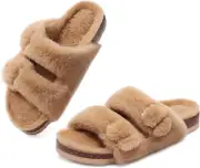 Fuzzy Slippers Women with Cork Footbed Fluffy Slides Open Toe Indoor House Shoes