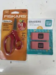 Fiskars 5" Pointed-Tip Scissors, Safety-Edge Blades Ages 4+ and 2 Pack Erasers