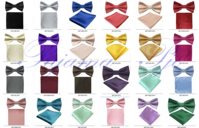 New Boy Kid Micro Fiber Bow Tie Solid Pre-tied Bowtie & Pocket Square Hanky Set