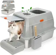 Stainless Steel Cat Litter Box with Lids, Enclosed Covered Litter Box for Big Ca