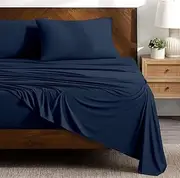 Extra Deep Pocket Twin XL Sheets (4-Piece) Cotton Bed Sheets, 100% Egyptian Cotton 400 Thread Count, 22 Inch Deep Pocket of Fitted Sheet with Elastic All Around (Navy Blue Solid, Twin XL Size)