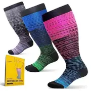 3 Packs Plus Size Compression Socks Wide Calf for 3X-Large Black/Blue/Pink