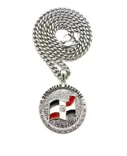 Ice Bling DOMINICAN REPUBLIC FLAG Pendant With 5mm Stainless Steel Cuban Chain