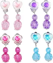 [Totority] Clip On Earrings, 4 Pairs Children Shiny Crystal Pendant Set for Women Teens, Dangle Non Pierced Ear Clip Set, Cute Earrings