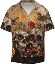 [YANYU] Sugar Skulls Butterfly Print Hawaiian Shirts Men Short Sleeve Button Down Cuban Collar Shirt Summer Beach Days