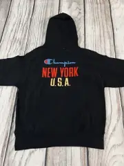 CHAMPION Men Reverse Weave Black Hoodie Hooded Sweatshirt NEW YORK Size M (N)