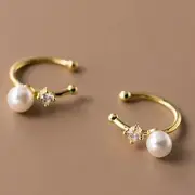 925 Sterling Silver Faux Pearl Rhinestone Ear Cuff 1 Pair - Gold - One Size