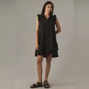 Anthropologie Button Front Pleated Mini Shirt Dress Black Size Small New