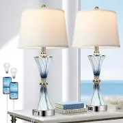 Set of 2 Blue Glass Table Lamps for Bedrooms with 2 USB Ports 3-Way Dimmable Tou