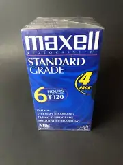 Maxell Standard Grade (6 Hours T-120) Video Cassette 4 Pack -New/Sealed