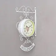 Wall Clock, Double Sided Wall Clock, Outdoors Vint Outdoor Garden Double Sided White 360°Rotation Retro Metal Silent Station Clock, Battery Operated Decorative Antique Hanging Clock for Indoor Outdoor