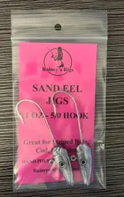 SAND EEL JIGS - CUSTOM - 1oz, 5/0 Hook with 3D Eyes, Striped Bass, Flounder, Cod