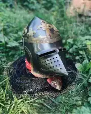 Medieval Royal Bacinet Crown Helmet,Medieval Bacinet Visor Pig Helmet Chainmail