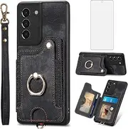 Phone Case for Samsung Galaxy S21 FE 5G Wallet Cover with Screen Protector and Wrist Strap Lanyard RFID Card Holder Ring Stand Cell Accessories S 21 EF S21FE5G UW S21FE 21S G5 6.4 inch Women Men Black