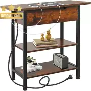 Side Table Charging Station USB Outlets Nightstand Storage Shelf Brown