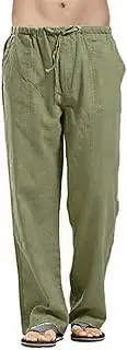 [Generic] Linen Pants for Men Elastic Waist Drawstring Yoga Beach Pants Lightweight Jogger Lounge Pants with Pockets