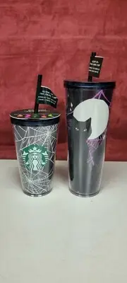 Starbucks Halloween 2021 Glow in the Dark Spider Webs & Cat Tumblers 2 Cups New