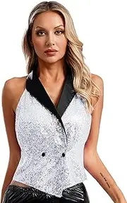 [Riismen] Women's Shiny Sequins Suit Vest Button Closure Formal Dressy Waistcoat Concert Rave Party Clubwear