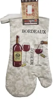 Fabric Printed Kitchen Oven Mitt(12")WINE BOTTLE,2 CORKS, 2 GLASSES & GRAPES,HS