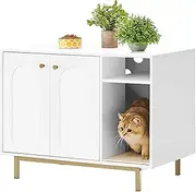 Hzuaneri Cat Litter Box Enclosure, Hidden Litter Box Furniture, Wooden Pet House Side End Table, Storage Cabinet Bench for Living Room, Bedroom, 31.5 x 19.7 x 23.9 inches, White and Gold 01503GCLB