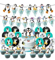 Little Penguin Theme Party Decorating Set - Birthday Banner Latex Balloons Birthday Cake Cupcake Toppers - Kids Birthday Party Decorations