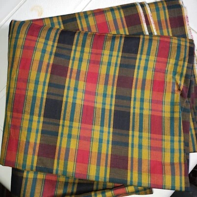 Brown-Red-Yellow Plaid (3-yds) Cotton Blend Fabric Remnant Clothing Drapes New