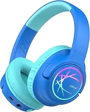 Kids Headphones Wireless with LED Lights, iClever BTH18 Safe Volume 74/85/94dBA, 43H Playtime, Stereo Sound, USB-C, AUX Cable, Bluetooth5.3 Over Ear Kids Headphones Wireless for Tablet/Travel, Blue