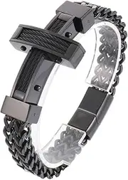 [Generic] Stainless Steel Bracelet with Cross Cuban Chain, Creative Hip Hop Stainless Steel Bracelet for Men,Black,21cm